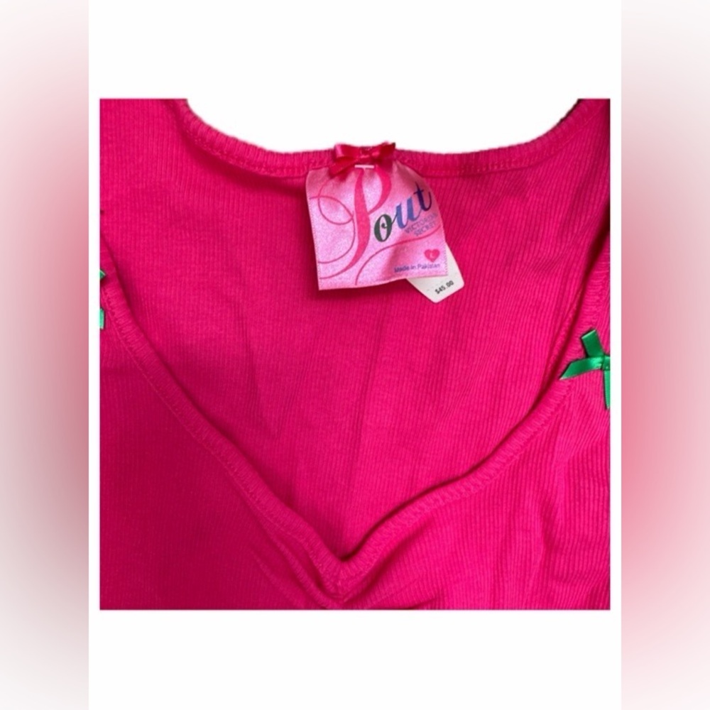 NWT VINTAGE 🩷 VICTORIA’S SECRET 🎀POUT Pink Tank Swing Top Green Lace Trim sz L - Picture 4 of 5